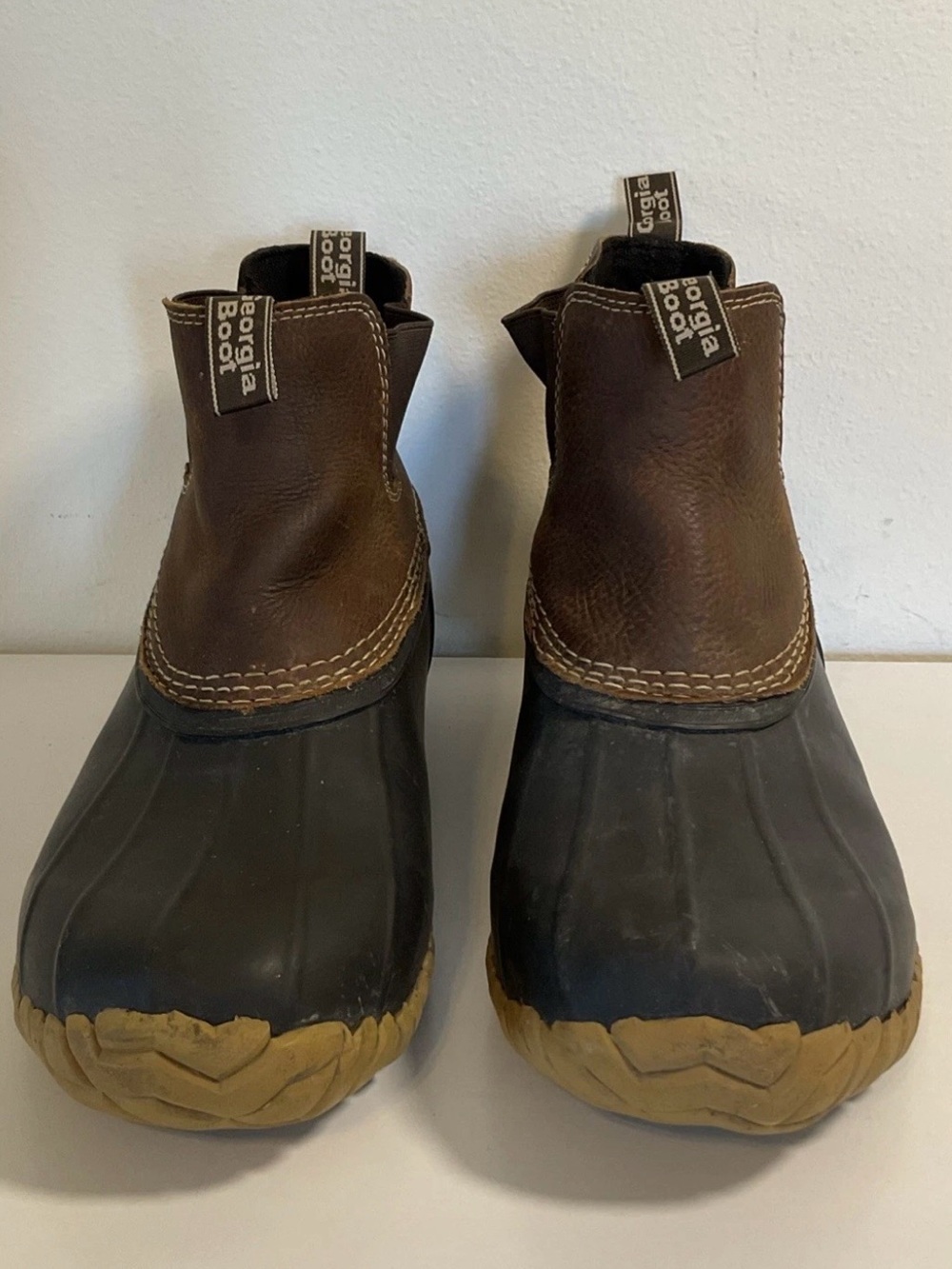 Georgia Boot Brown Leather and Black Rubber Duck Boots with Tan Soles